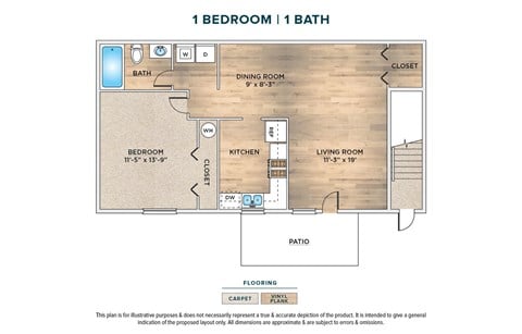 Floor plan for 1 bed, 1 bath, 770 sqft